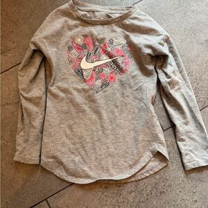 Nike Gray Long-Sleeve Tee with Pink Heart Doodle and White Swoosh